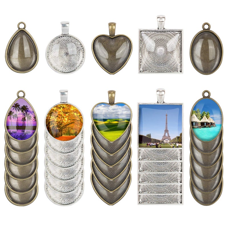 60 Pieces 5 Styles Pendant Trays 30pcs Round Square Heart Teardrop Oval and 30pcs Bright Glass Cabochon Dome Tiles for Crafting DIY Jewelry Gift Making