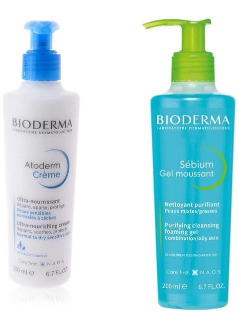 Bioderma Atoderm Ultra Nourishing Moisturizing Cream for Normal to Dry Sensitive Skin 200ml and Sebium Purifying Facial Cleansing Foaming Gel for Combination/Oily Skin 200ml