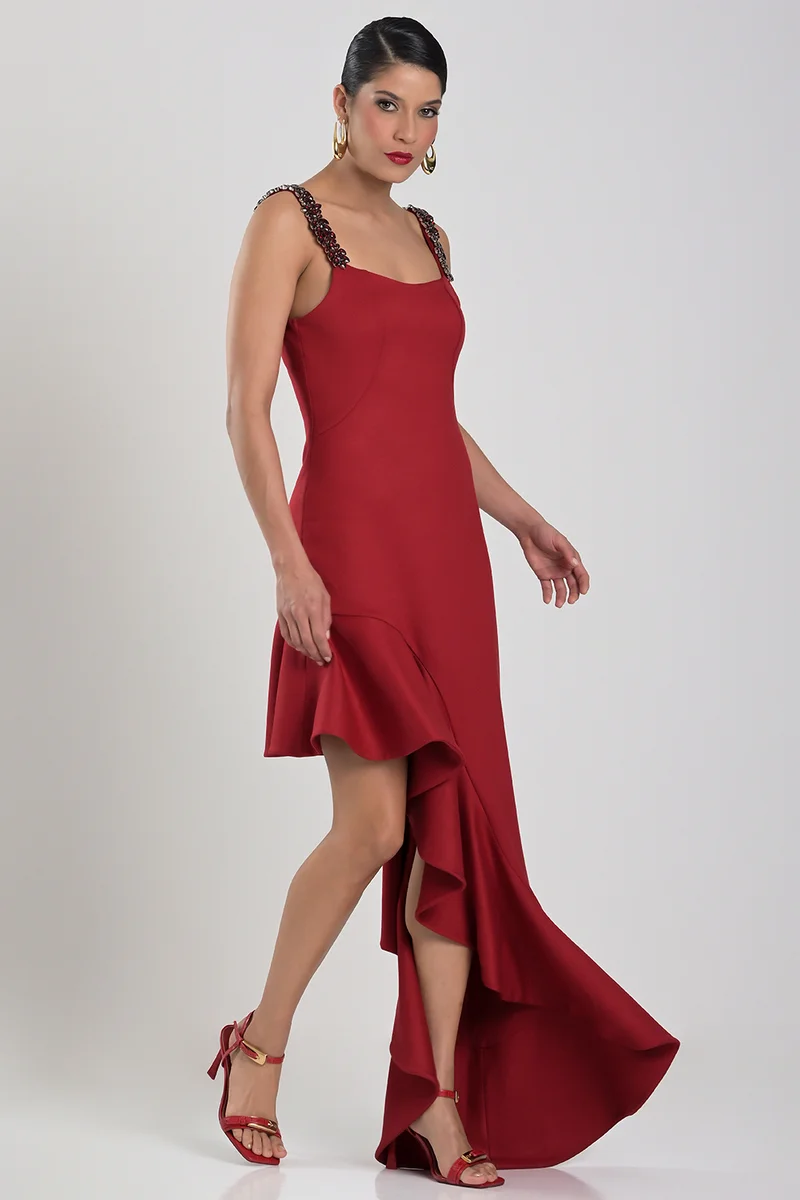 Carmen Steffens  Asymmetric Red Dress with Cascade Ruffle for Women | Best Price UAE