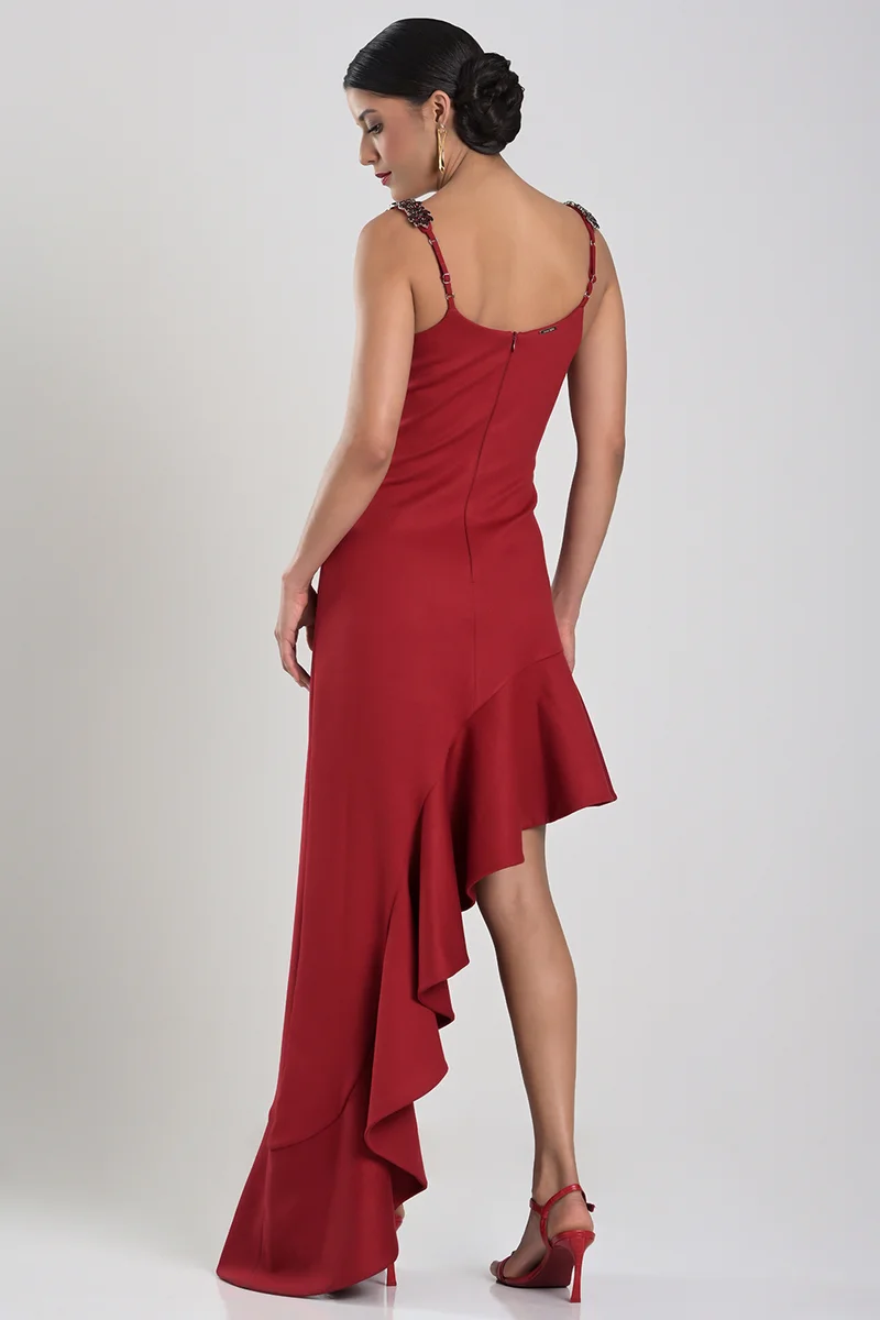 Carmen Steffens  Asymmetric Red Dress with Cascade Ruffle for Women | Best Price UAE