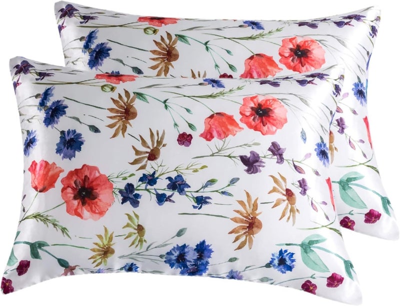 URLINENS Satin Pillowcase for Hair and Skin, Super Soft and Cooling Similar to Silk Pillow Cases 2 Pack with Envelope Closure Standard Size Satin Pillow Covers, Gifts for Women(20"x26", Floral) - Image 1