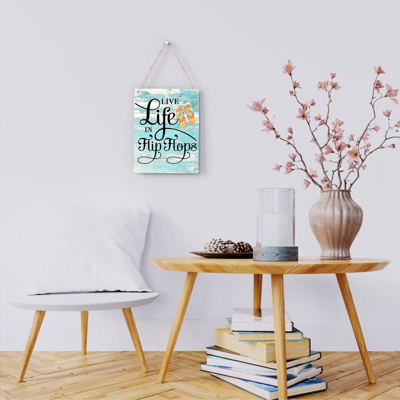 BELLOWDEER Rustic Live Life in Flip Flops Wood Hanging Sign  Farmhouse Quality Artwork Decor  Summer Wooden Plaque Sign Wall Art  Home Beach House Pool Decoration (8 x 10 Inches) (JTMP080) - Image 2