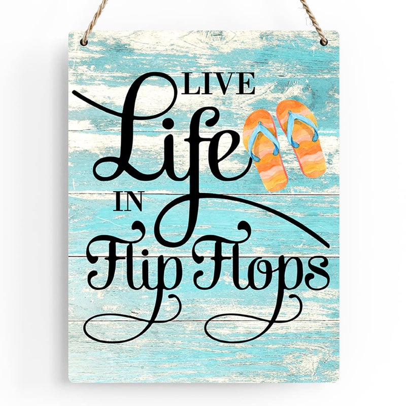 BELLOWDEER Rustic Live Life in Flip Flops Wood Hanging Sign  Farmhouse Quality Artwork Decor  Summer Wooden Plaque Sign Wall Art  Home Beach House Pool Decoration (8 x 10 Inches) (JTMP080) - Image 1