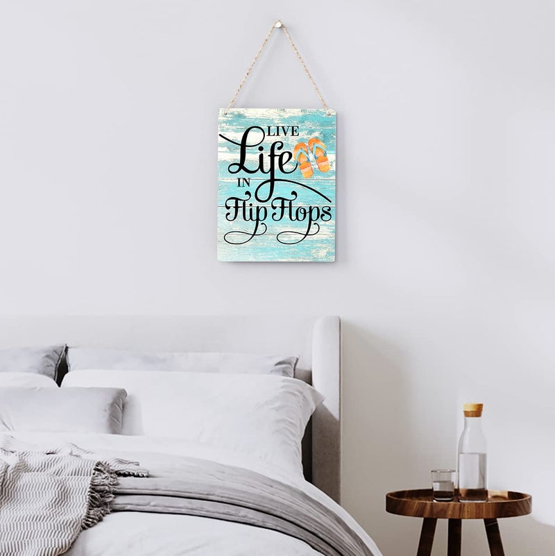 BELLOWDEER Rustic Live Life in Flip Flops Wood Hanging Sign  Farmhouse Quality Artwork Decor  Summer Wooden Plaque Sign Wall Art  Home Beach House Pool Decoration (8 x 10 Inches) (JTMP080) - Image 3