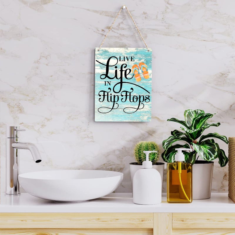 BELLOWDEER Rustic Live Life in Flip Flops Wood Hanging Sign  Farmhouse Quality Artwork Decor  Summer Wooden Plaque Sign Wall Art  Home Beach House Pool Decoration (8 x 10 Inches) (JTMP080) - Image 5