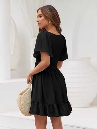 LILLUSORY Women's Flowy Casual Mini Dresses 2024 Summer Smocked V Neck Flutter Sleeve Graduation Dress with Pockets Black M - Image 2