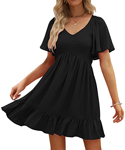 LILLUSORY Women's Flowy Casual Mini Dresses 2024 Summer Smocked V Neck Flutter Sleeve Graduation Dress with Pockets Black M - Image 1