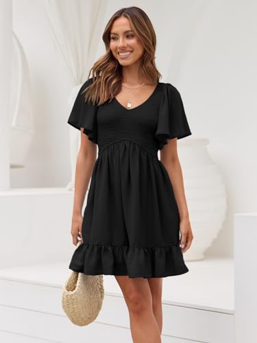 LILLUSORY Women's Flowy Casual Mini Dresses 2024 Summer Smocked V Neck Flutter Sleeve Graduation Dress with Pockets Black M - Image 3