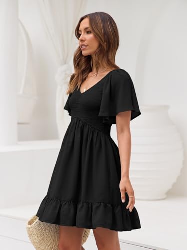 LILLUSORY Women's Flowy Casual Mini Dresses 2024 Summer Smocked V Neck Flutter Sleeve Graduation Dress with Pockets Black M - Image 5
