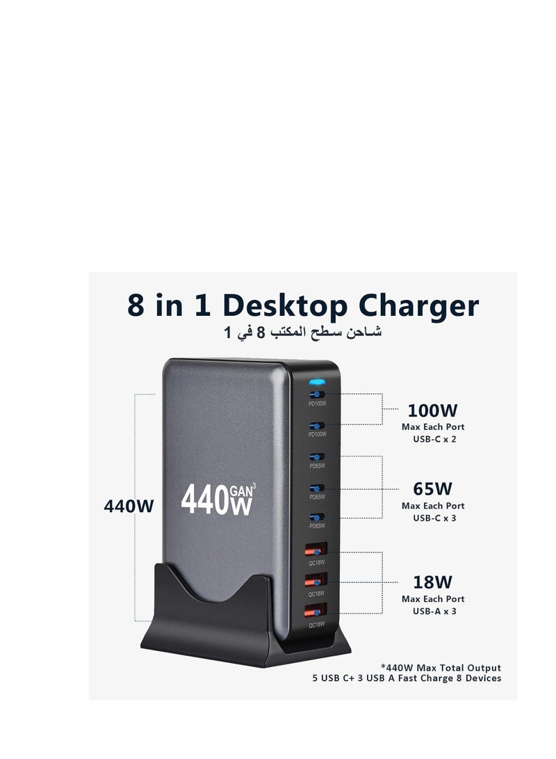 Terabyte 440W USB Charging Station with 100W USB C Cable - USB C Power Station, Gan Charger Multi Charger Station - USB C hub 8 USB Ports 100W 65W Type C ports for Macbook pro iPhone Galaxy iPad Lenovo - Image 2