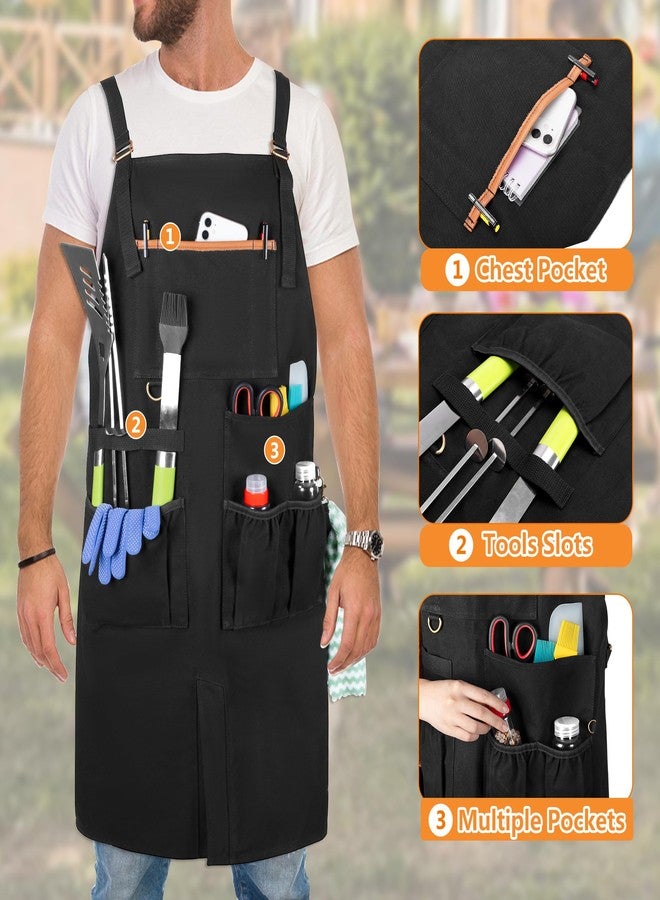 HODRANT Heavy-duty BBQ Grilling Apron, Outdoor Cooking Apron for Men & Women Chef with Dual Shoulder Straps & Adjustable Buckle, Anti-oil Kitchen Apron with Multiple Pockets & Slit Hem, Apron Only - Image 3