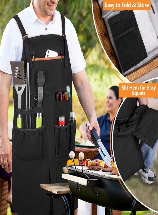 HODRANT Heavy-duty BBQ Grilling Apron, Outdoor Cooking Apron for Men & Women Chef with Dual Shoulder Straps & Adjustable Buckle, Anti-oil Kitchen Apron with Multiple Pockets & Slit Hem, Apron Only - Image 4