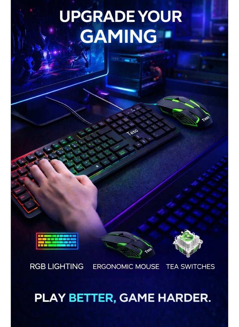 تيسو طقم لوحة مفاتيح وفأرة ألعاب Teso T10 بإضاءة RGB – سلكي مريح للاستخدام المكتبي والألعاب - Image 2