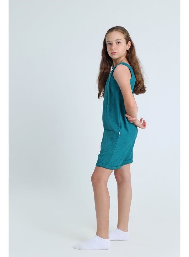 Junior Girls Blue Cotton Jumpsuit  - Image 2