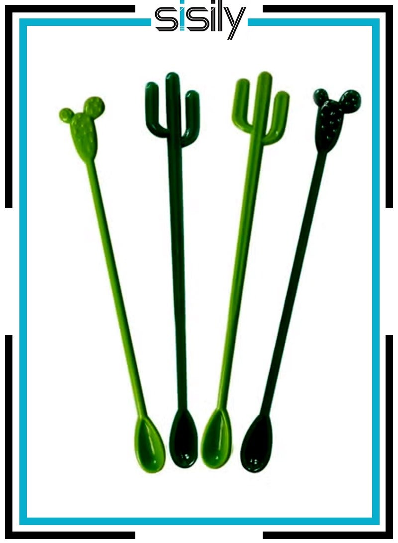 سيسلي عيدانات تحريك للمشروبات بشكل صبار 4 قطع – مضارب كوكتيل قابلة لإعادة الاستخدام للقهوة والشاي والعصائر – ملحقات ممتعة للمطبخ والمقهى والحفلات - Image 1