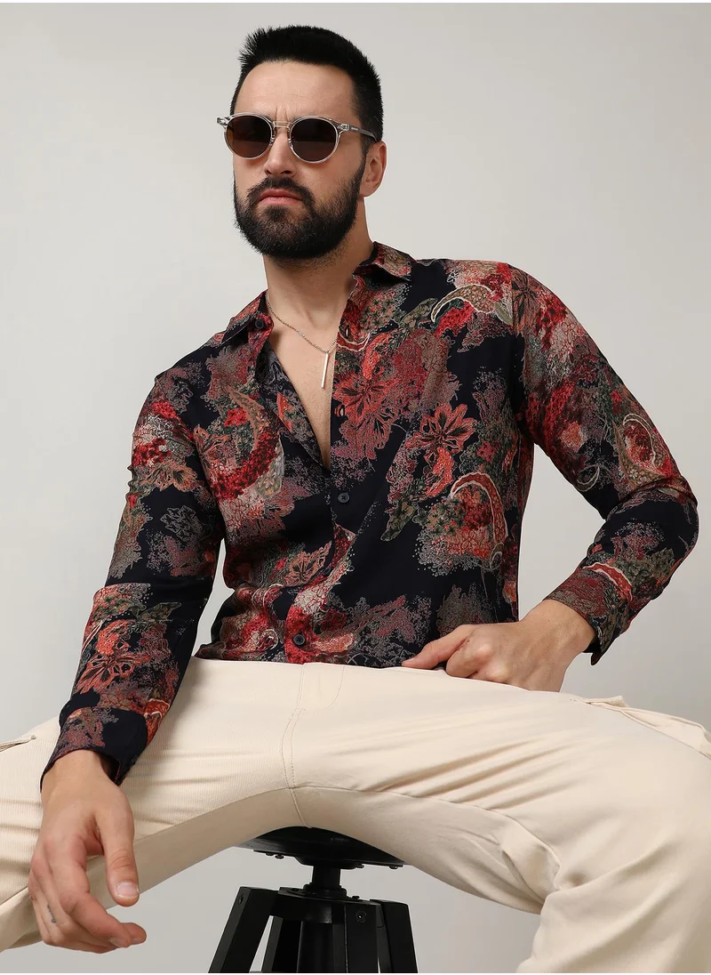 Campus Sutra Men's Crimson Red & Midnight Black Paisley Flora Shirt