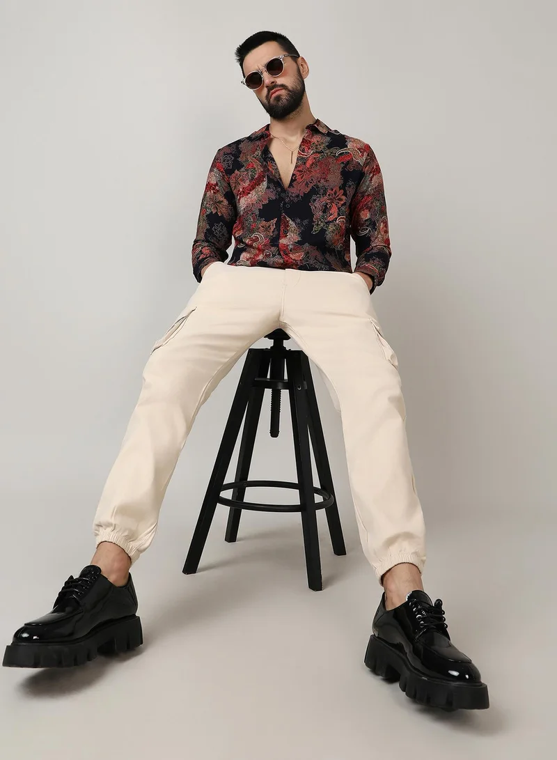 Campus Sutra Campus Sutra Men's Crimson Red & Midnight Black Paisley Flora Shirt For Casual Wear | Spread Collar | Long Sleeve | Button Closure | Shirt Crafted With Comfort Fit For Everyday Wear