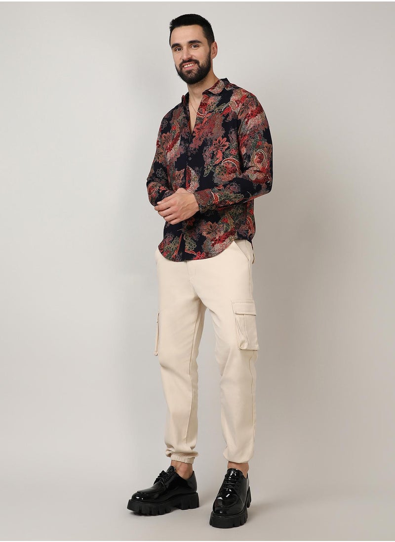 كامبوس سوترا - Men's Crimson Red & Midnight Black Paisley Flora Shirt - Image 1