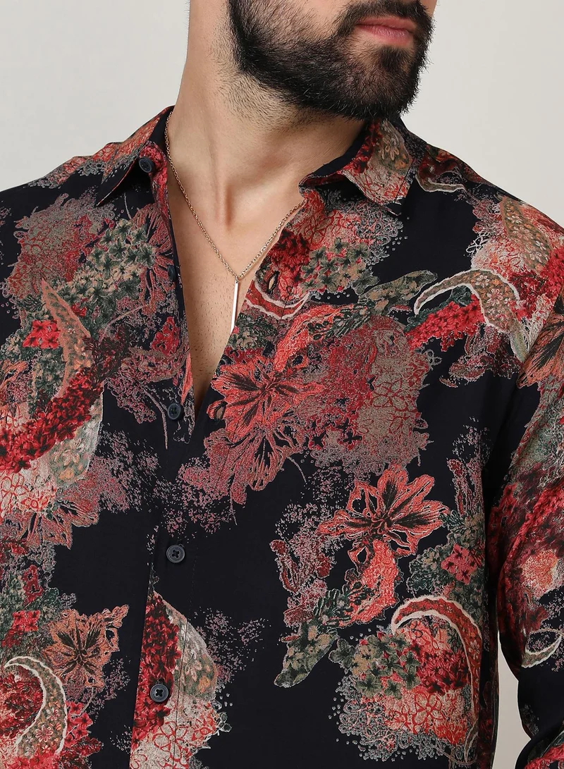 Campus Sutra Campus Sutra Men's Crimson Red & Midnight Black Paisley Flora Shirt For Casual Wear | Spread Collar | Long Sleeve | Button Closure | Shirt Crafted With Comfort Fit For Everyday Wear