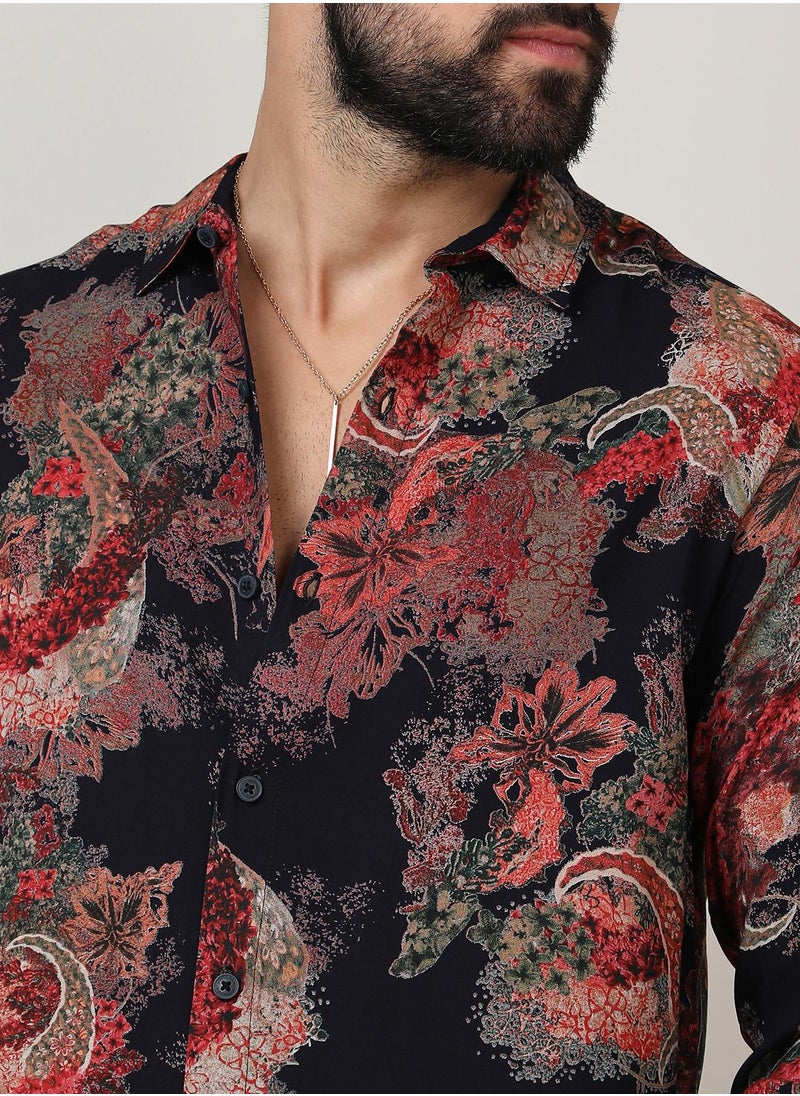 كامبوس سوترا - Men's Crimson Red & Midnight Black Paisley Flora Shirt - Image 1