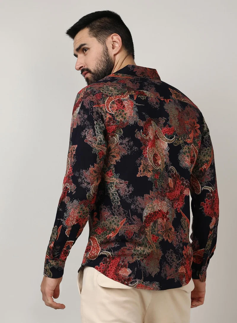Campus Sutra Campus Sutra Men's Crimson Red & Midnight Black Paisley Flora Shirt For Casual Wear | Spread Collar | Long Sleeve | Button Closure | Shirt Crafted With Comfort Fit For Everyday Wear