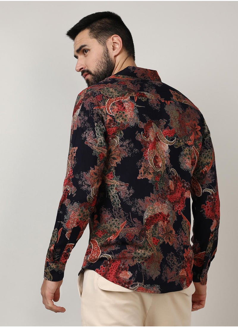 كامبوس سوترا - Men's Crimson Red & Midnight Black Paisley Flora Shirt - Image 1