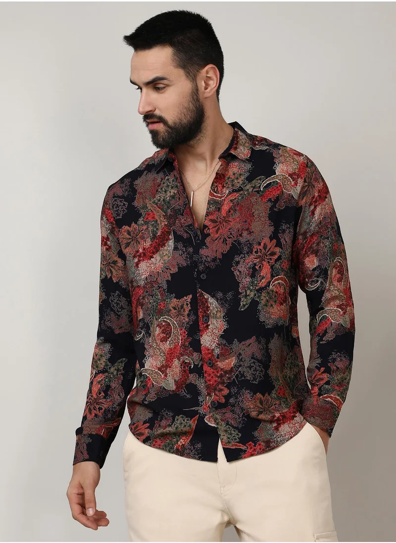 Campus Sutra Men's Crimson Red & Midnight Black Paisley Flora Shirt