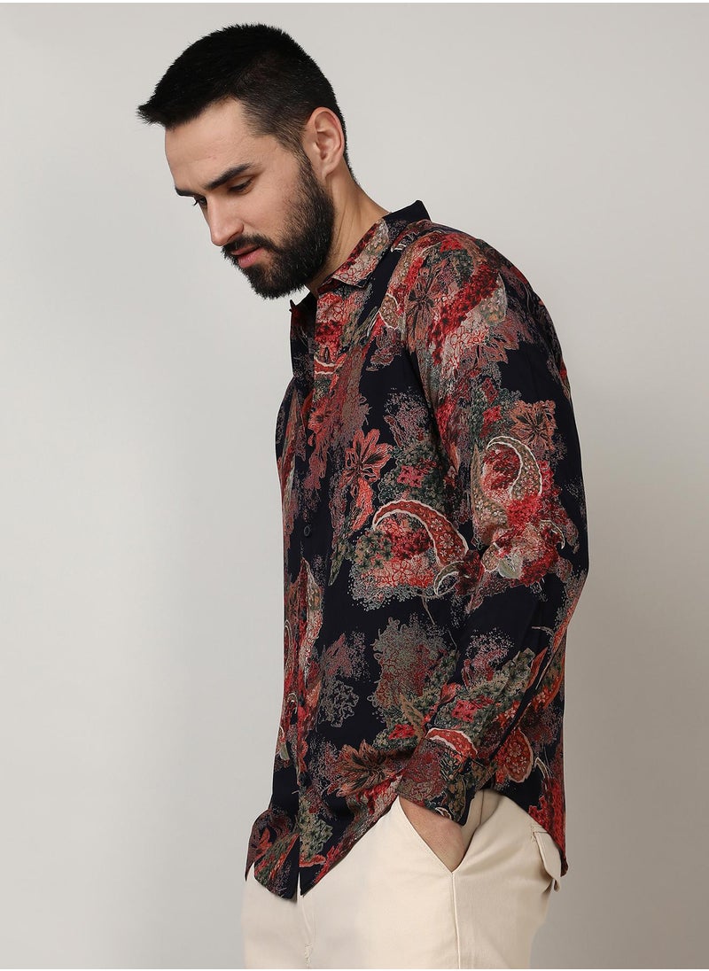 كامبوس سوترا - Men's Crimson Red & Midnight Black Paisley Flora Shirt - Image 1