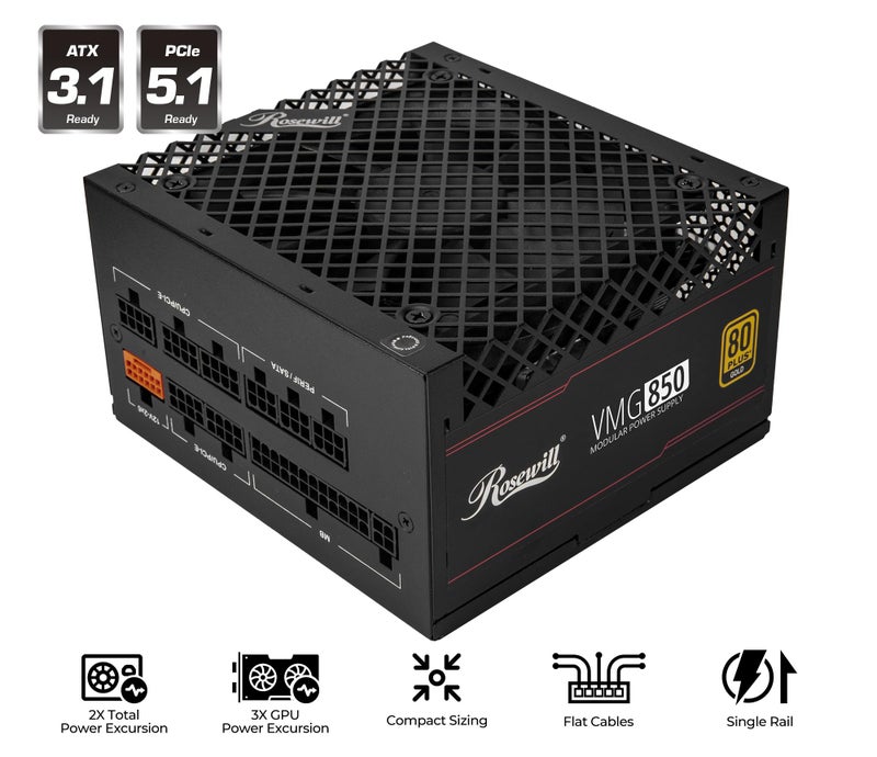 Rosewill VMG 850W 80+ Gold, ATX 3.0 & 3.1 Compatible, Full Modular Low-Noise Power Supply, PCIe 5.1 12V-2x6 Connector, 100% Japanese Electrolytic Capacitor, 120mm FDB Silent Fan - 5 Year Warranty - Image 2