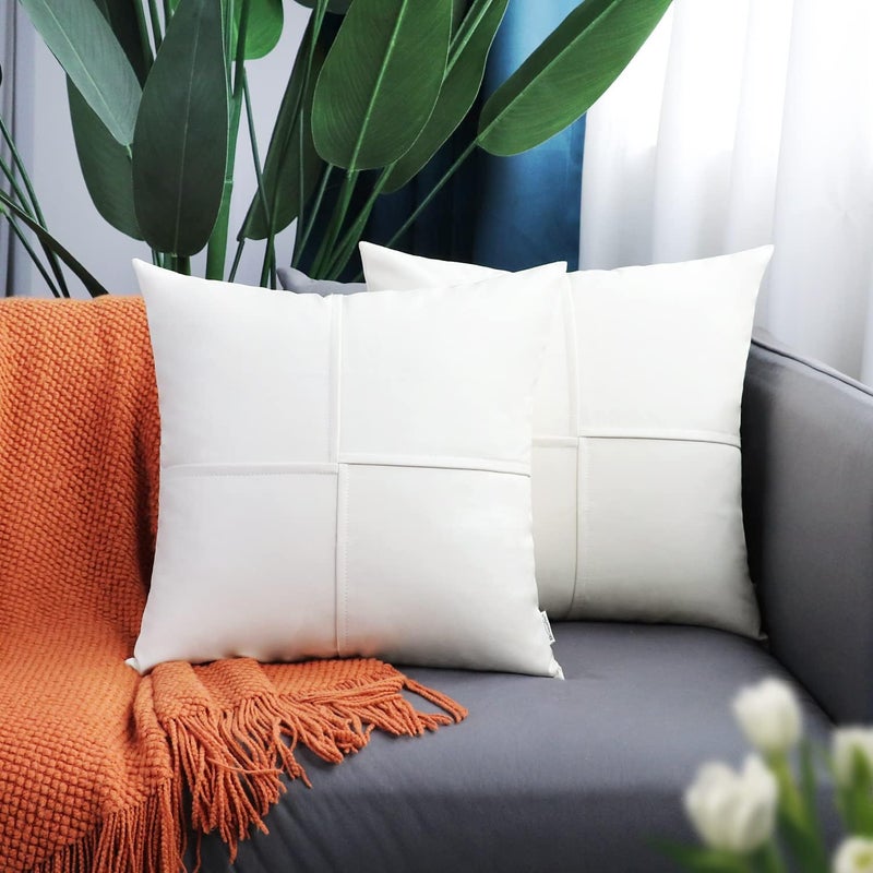 BRAWARM Faux Leather Throw Pillow Covers 20 X 20 Inches, White Leather Pillow Covers Pack of 2, Hand Stitched Leather Decorative Throw Pillows for Couch Sofa Bed Living Room Home Garden - Image 2