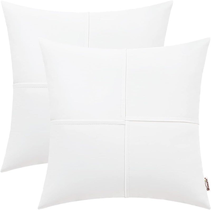 BRAWARM Faux Leather Throw Pillow Covers 20 X 20 Inches, White Leather Pillow Covers Pack of 2, Hand Stitched Leather Decorative Throw Pillows for Couch Sofa Bed Living Room Home Garden - Image 1