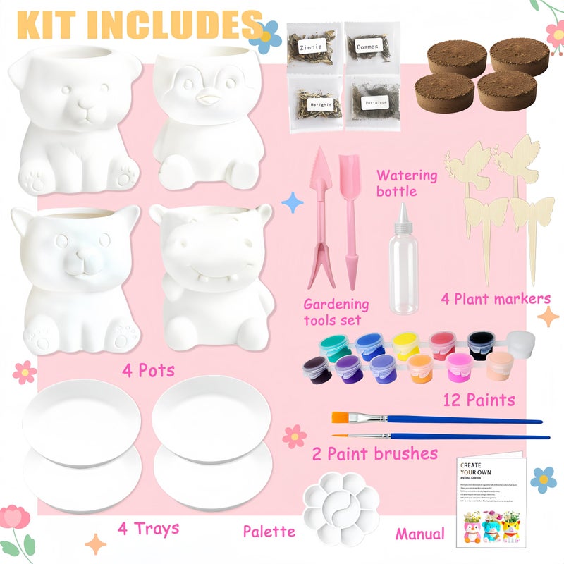 yasest Paint & Plant Flower Growing Kit for Kids - 4 Set DIY Animal Pattern Ceramic Painting Kit, Kids Gardening Set, Arts & Crafts for Ages 8-12, Birthday Gifts for 5 6 7 8 9 10 11 12 Year Old Girl - Image 4