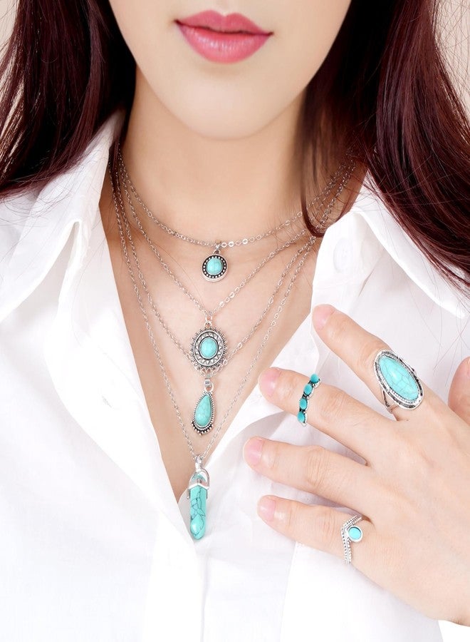 Yeabwps Turquoise Necklace Set - 12pcs Including 4pcs Layered Necklaces & 8pcs Stacking Rings (Silver) - Image 2