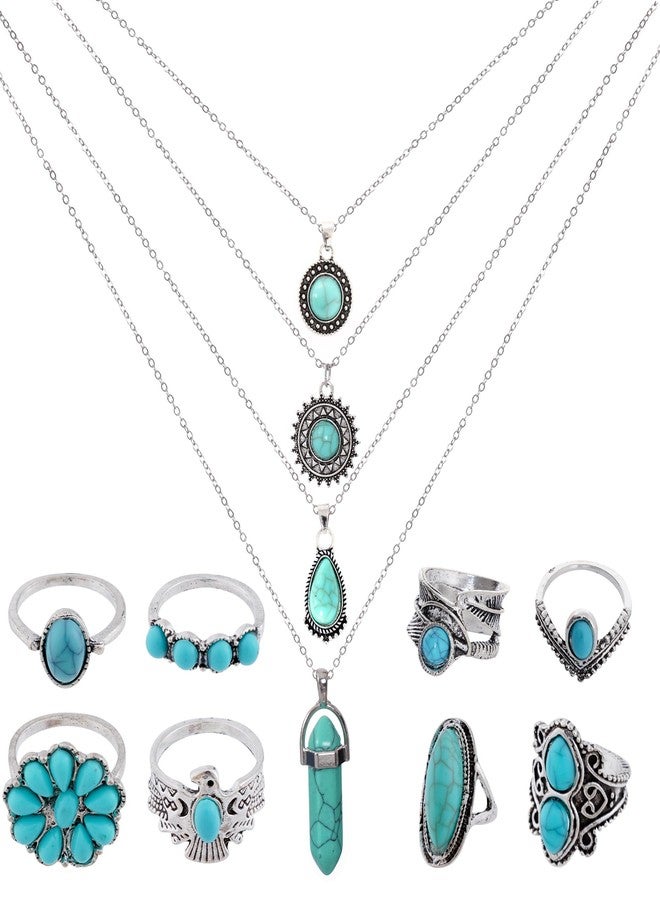 Yeabwps Turquoise Necklace Set - 12pcs Including 4pcs Layered Necklaces & 8pcs Stacking Rings (Silver) - Image 1