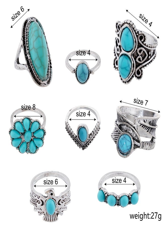 Yeabwps Turquoise Necklace Set - 12pcs Including 4pcs Layered Necklaces & 8pcs Stacking Rings (Silver) - Image 5