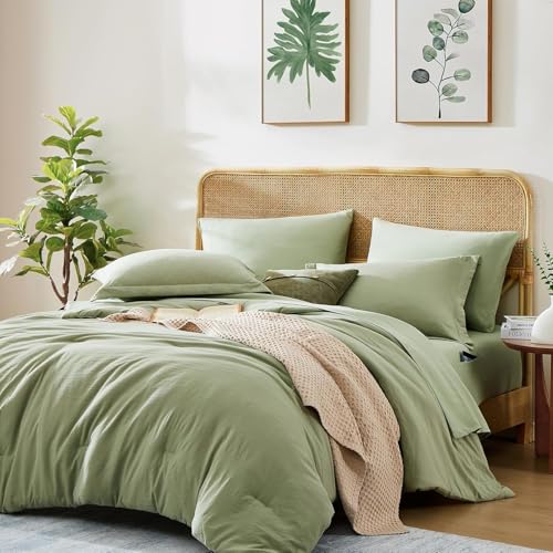 WRENSONGE Full Size Comforter Set- 7 Pieces Sage Green Bed in a Bag Full Size Comforter with Fitted Sheet, Flat Sheet, 2 Pillow Shams, 2 Pillowcases, Warm Bedding Sets for All Season - Image 1