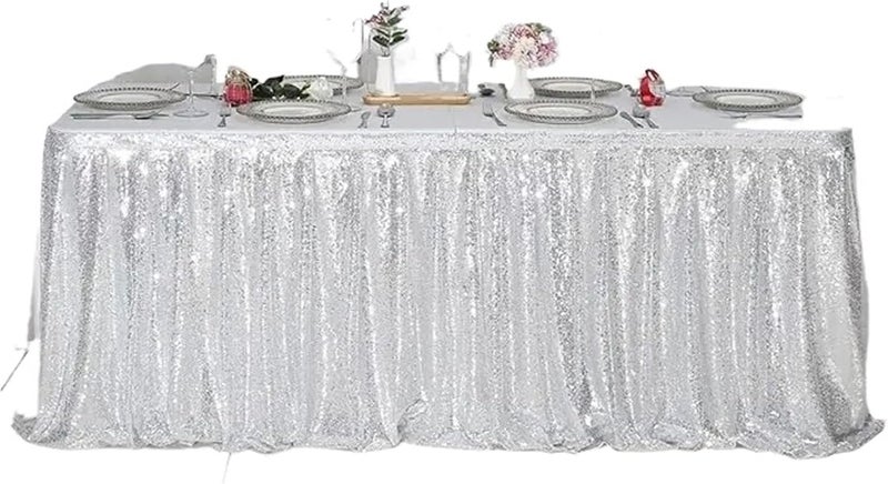 Table Skirt Sequin Table Skirt Tables Flash Cloth Birthday Party Decor Wedding Festival Event Rectangle Glitter Table Skirts Decoration(Silvery,6FT 70x183cm) - Image 1