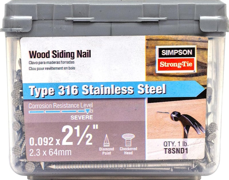 Simpson StrongTie Simpson Strong Tie T8SND1 8D Cedar and Redwood Siding Nails 2-1/2-Inch and 13-Gauge, 316 Stainless Steel, 1-Pound, 196-Piece - Image 1