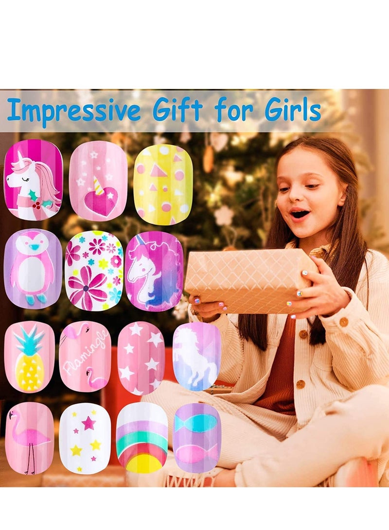 Kids Press on Nails Grils, 144 Pieces Children Fake Artificial False Nail Tips Pre Glue Full Cover Short Acrylic for Girls Kids Art Decoration (Rainbow Sky) (pink) - Image 4