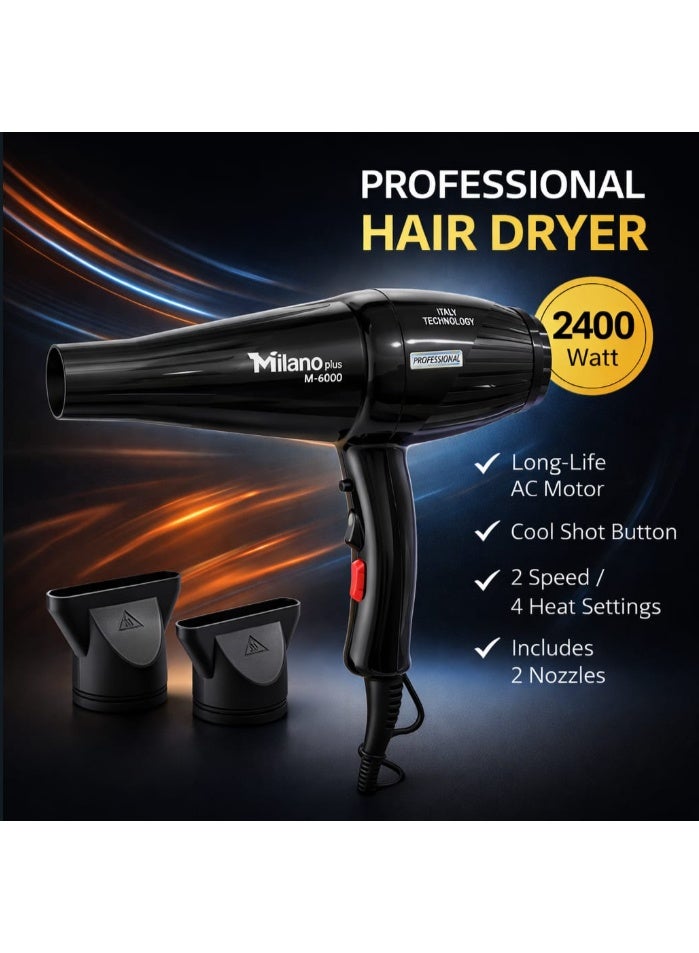 Milano Plus 2400W Professional Hair Dryer M-6000 – Salon Grade Blow Dryer with Cool Shot, 2 Speed & 3 Heat Settings, Concentrator Nozzle, Fast Drying Hair Dryer for Home & Salon Use - Image 1