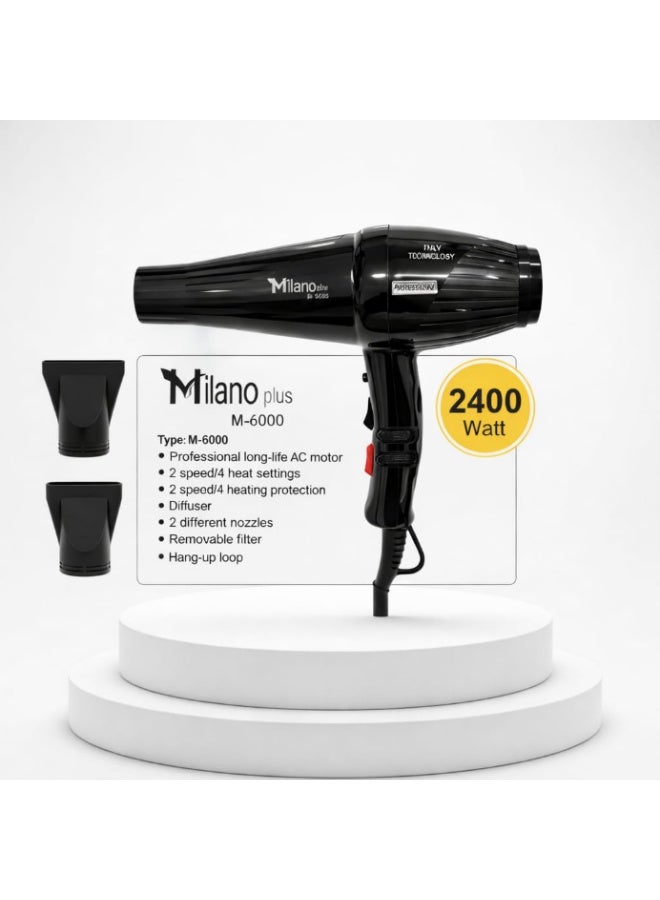 Milano Plus 2400W Professional Hair Dryer M-6000 – Salon Grade Blow Dryer with Cool Shot, 2 Speed & 3 Heat Settings, Concentrator Nozzle, Fast Drying Hair Dryer for Home & Salon Use - Image 2
