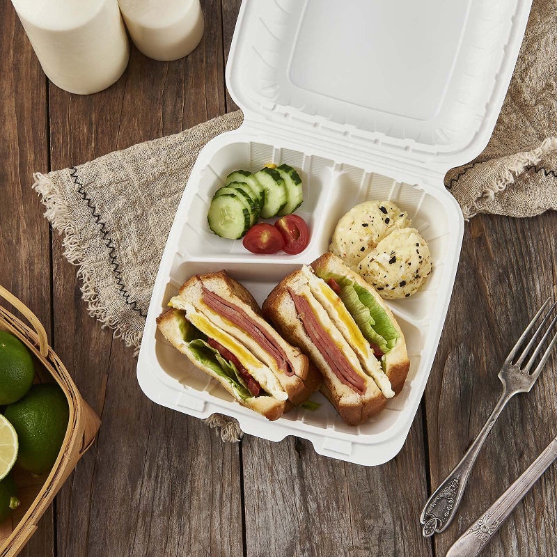 FULING 8X8" 3Compartment 50-Pack Plastic Clamshell Take Out Food Containers, Heavy Duty To-go Disposable Lunch Box For Cake, Sandwich, Salad, Dessert, Restaurant Meal Prep Packaging Catering Hinged Container - Image 5