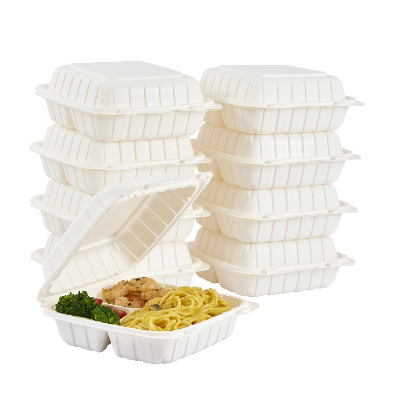 FULING 8X8" 3Compartment 50-Pack Plastic Clamshell Take Out Food Containers, Heavy Duty To-go Disposable Lunch Box For Cake, Sandwich, Salad, Dessert, Restaurant Meal Prep Packaging Catering Hinged Container - Image 1