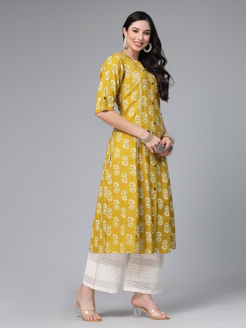 Stylum Women's Lime Green Floral Printed Rayon A-Line Kurta (5X-Large) - Image 3