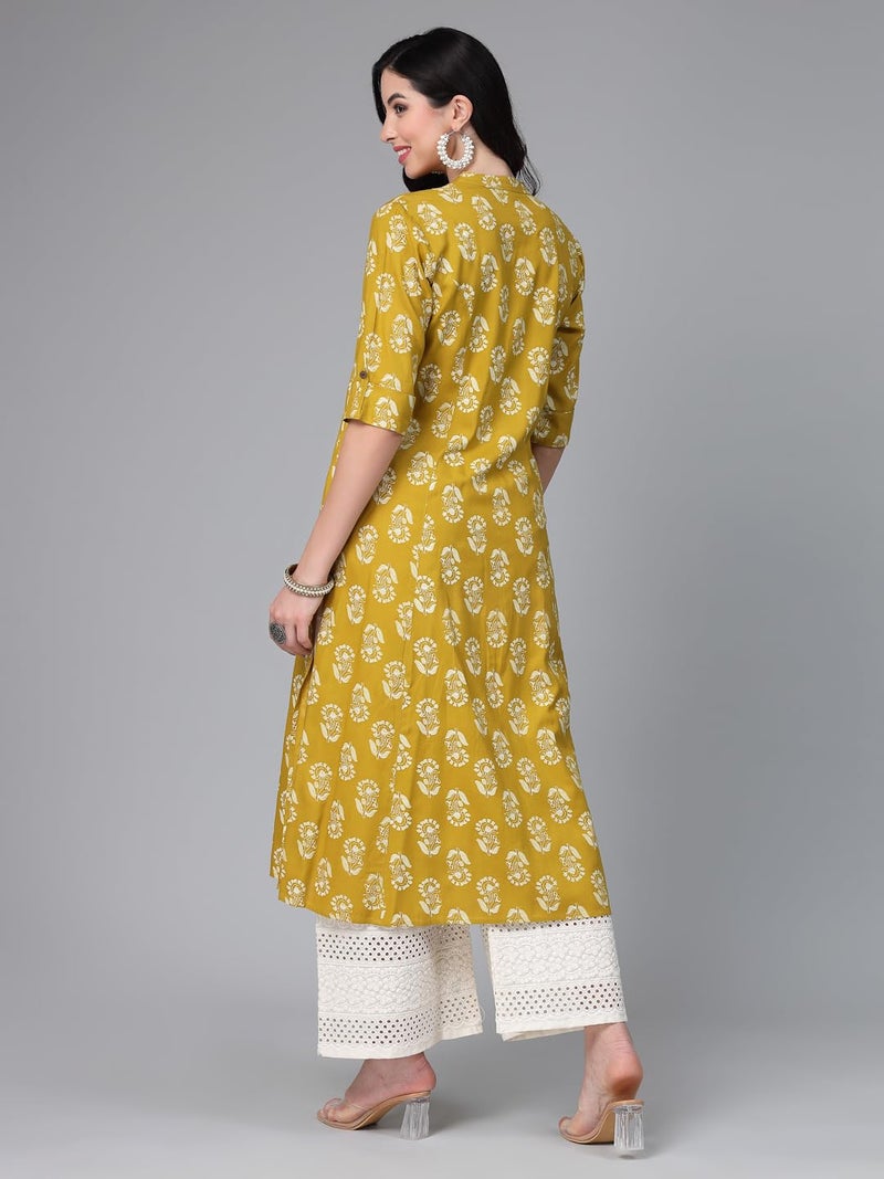Stylum Women's Lime Green Floral Printed Rayon A-Line Kurta (5X-Large) - Image 2