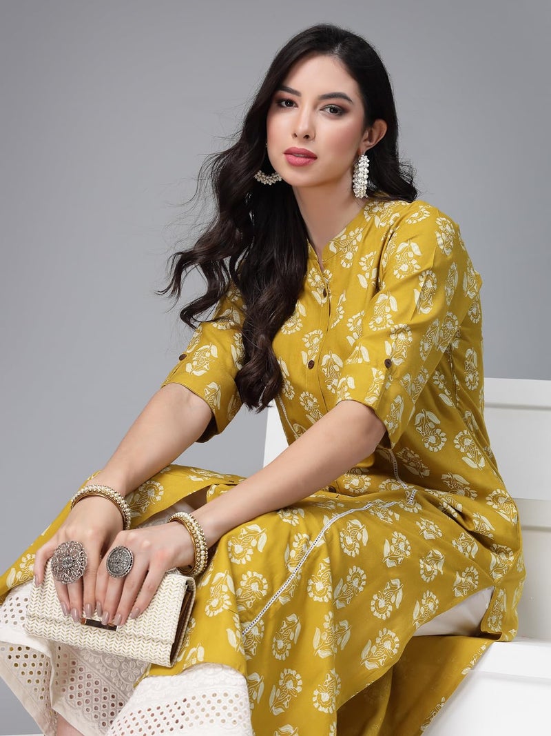 Stylum Women's Lime Green Floral Printed Rayon A-Line Kurta (5X-Large) - Image 4
