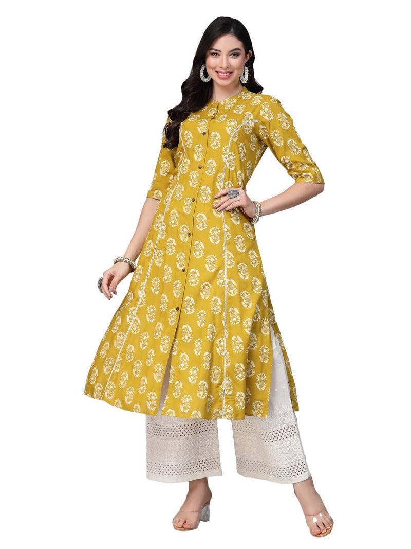 Stylum Women's Lime Green Floral Printed Rayon A-Line Kurta (5X-Large) - Image 1