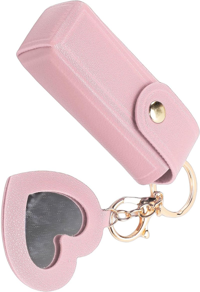 Walfront Lipstick Case with Mirror PU Leather Portable Holder Keychain for Women Travel Small Gifts (Pink) - Image 3