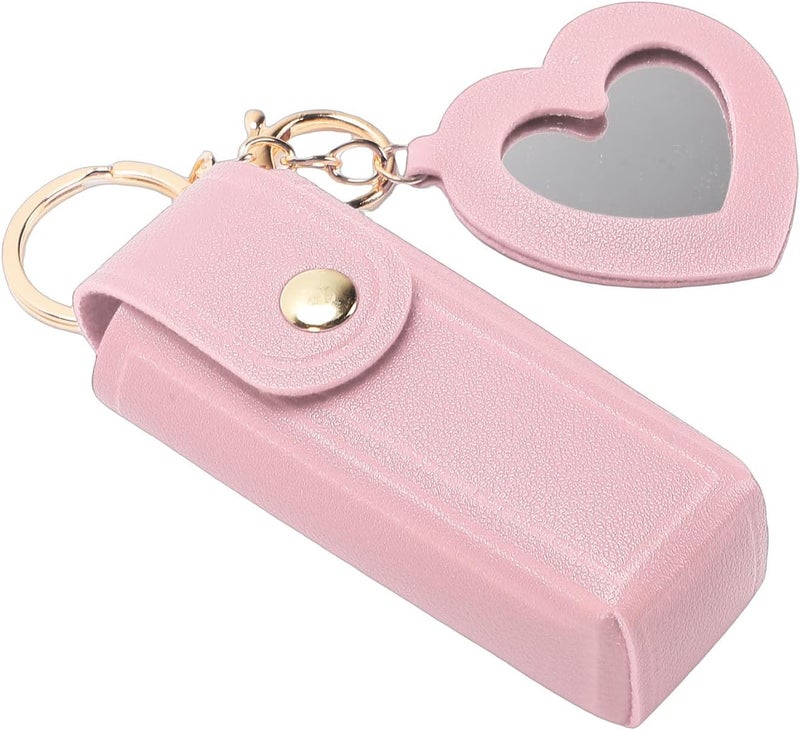 Walfront Lipstick Case with Mirror PU Leather Portable Holder Keychain for Women Travel Small Gifts (Pink) - Image 2