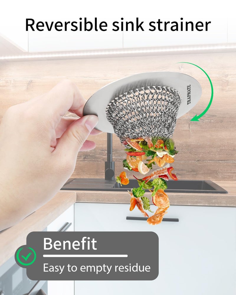 TRAPMATE Kitchen Sink Drain Strainer, Reversible Chain Mesh Sink Strainer, 304 Stainless Steel Anti-Clogging & Easy Clean Sink Strainer Basket, Fits US Standard Kitchen Sink Drains, Dishwasher Safe - Image 2